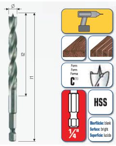 HSS Maschinen Holzspiralbohrer mit 1/4˝Sechskantschaft