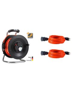 Bedruckungs-Paket 2: 1 x Kabeltrommel Professional Kunststoff in Schwarz, 50 m 2 x Panzerkabel-Verlängerungsleitungen PLUS, 25 m Orange H07BQ-F 3G1,5